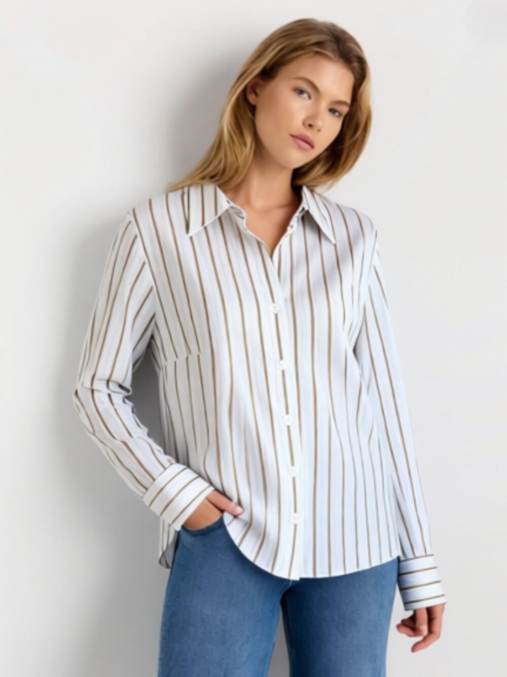 George Womens Top Blouse Button Up Front Long Sleeves Fitted Striped Size 16W